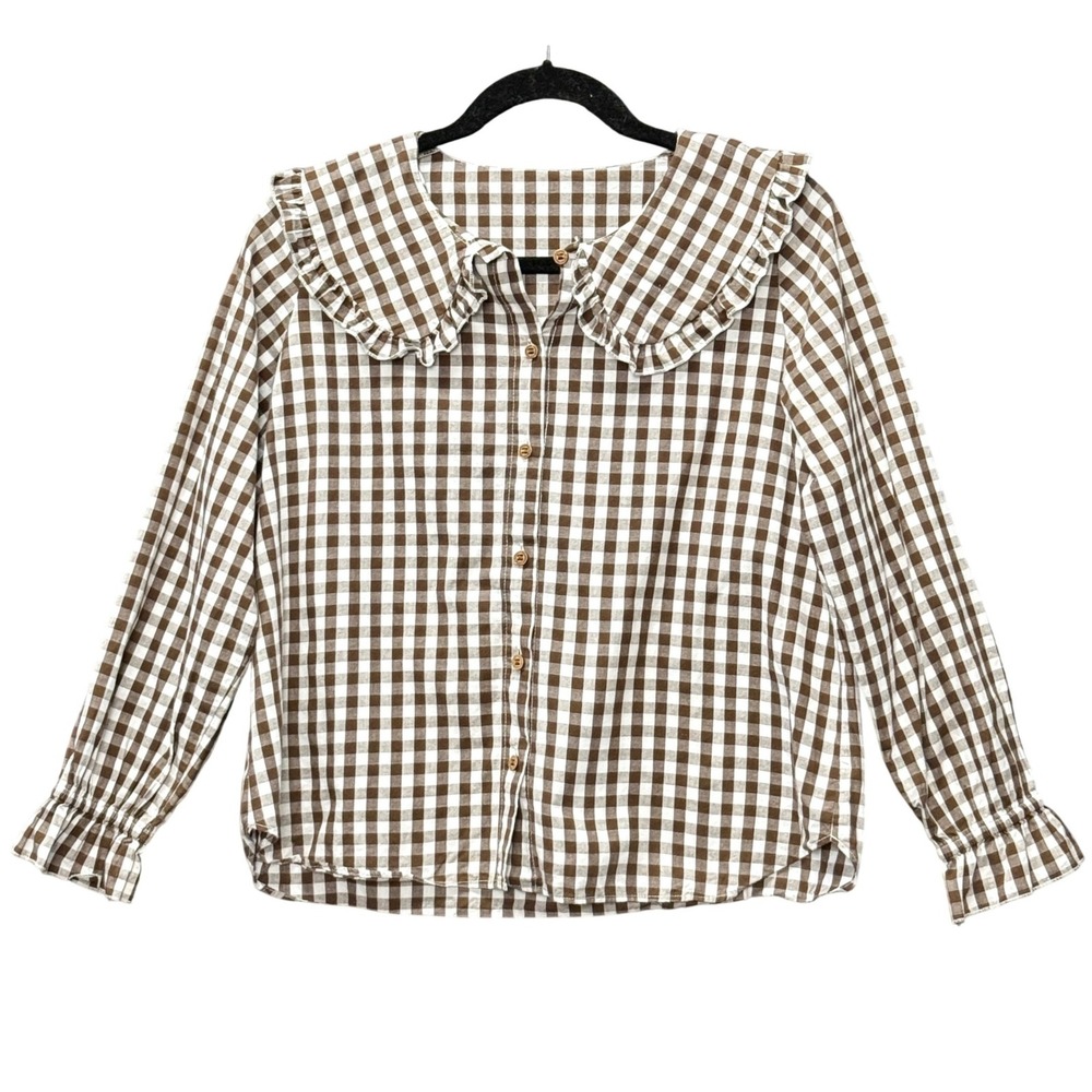Brown Gingham Check Peter Pan Collar Ruffle Blouse Small Cottage Retro Prairie